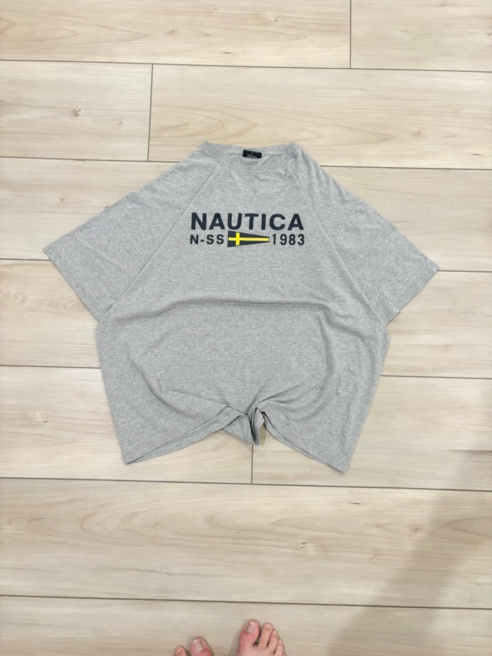 Nautica Vintage 90s Surfwear Heather Gray Tee with Navy Logo and Yellow Detail